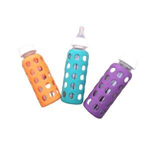 3 Lifefactory Glass 9oz. Baby Bottles w/Protective Silicone Sleeve, Flat Caps